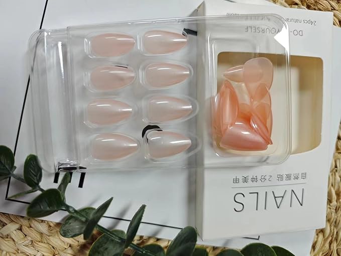 Press on Nails Medium Nude Fake Nails Almond False Nails with Design Reusable Acrylic Artificial Nails Full Cover Glue on Nails Glossy Stick on Nails for Women Girls Manicure 24pcs