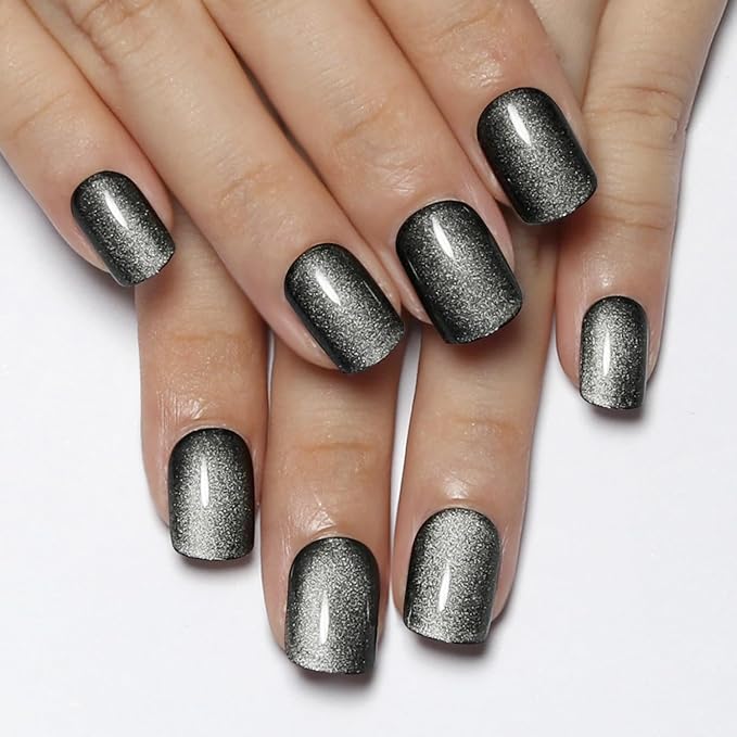 Cat Eye Short Square Press On Nails, Ethereal Glow in a Dewy Gray-to-White Gradient, Glossy Gel Finish Acrylic Nails Press Ons Short, Thick Natural Reusable Glue On Nails For Women, Dewy Grey