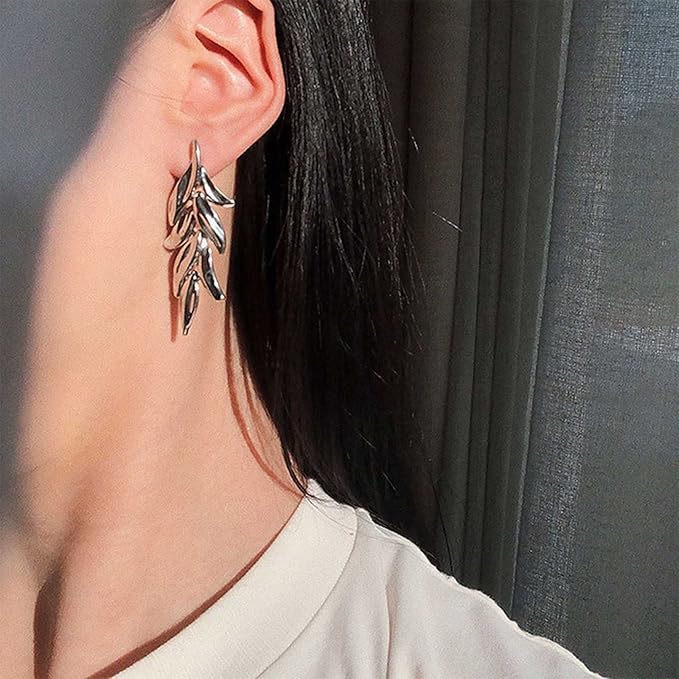 Statement Leaf Dangle Drop Earrings Vintage Silver Leaf Cluster Drop Earrings Punk Large Leaf Dangle Earrings Bridal Earring Wedding Prom Earring Jewelry for Women and Girls-VivaGrace Women