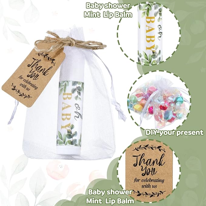Demissle 50 Pcs Baby Shower Lip Balm Gift Set with 100 Pcs Organza Bags Baby Shower Party Favor for Guest Thank You Tag Rope Baby Shower Party Decoration Gender Reveal Souvenirs (Leaves)-VivaGrace Women