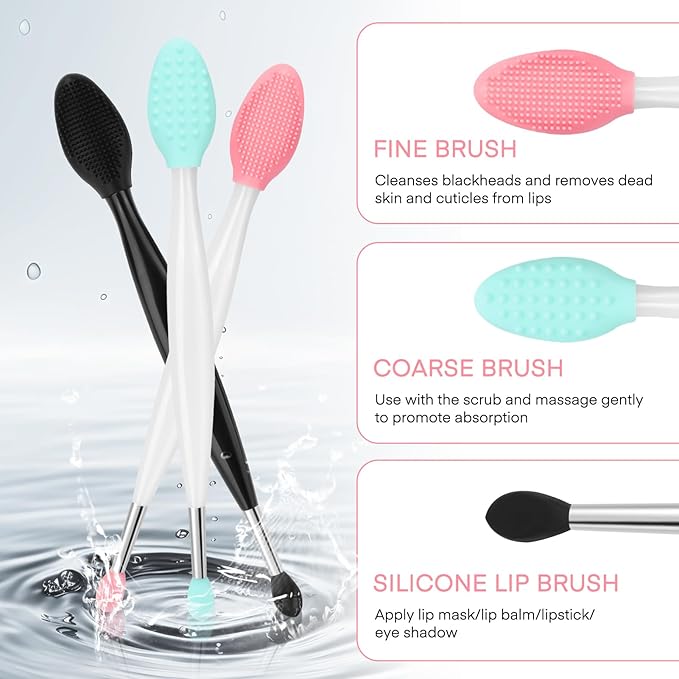 Unaone Lip Scrub Brush - 3 PCS Dual-ended Lip Scrubber Exfoliator and Silicone Lip Brush, 2-in-1 Silicone Lip Scrub Tool Lip Mask Applicator, Gentle Exfoliator & Applicator for Soft-VivaGrace Women