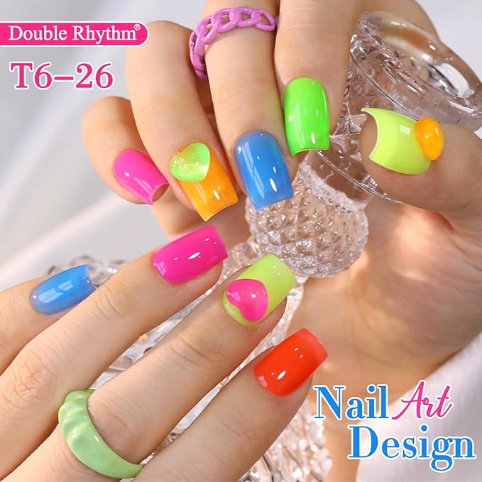 Double Rhythm 6 Pcs 15 ML Gel Polish Set Same Color Same Bottle Soak Off Gel Polish Kit Nail Art Manicure Salon DIY at Home for Women (Jelly Neon Pink Blue Red Green-T6-26)-VivaGrace Women