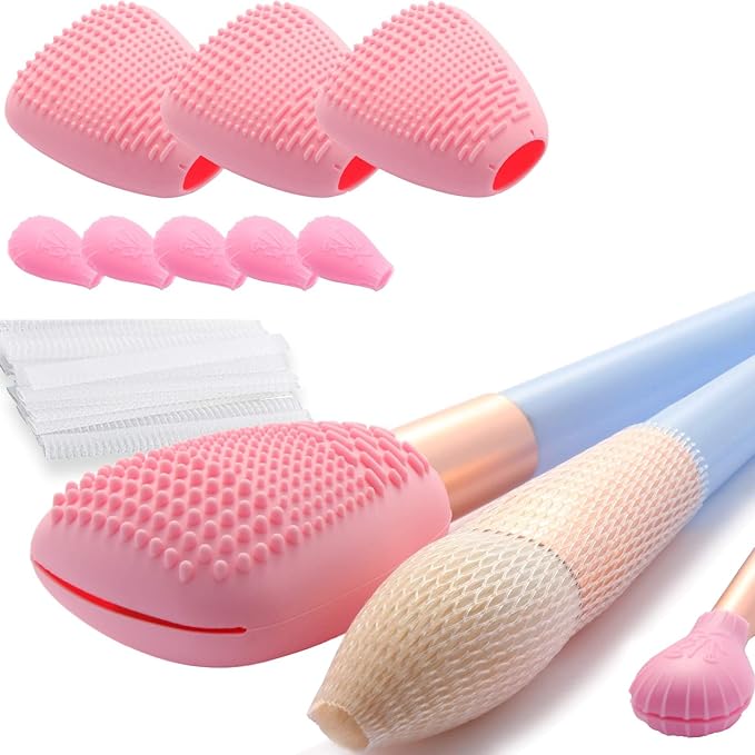 Silicone Travel Make-up Brush Holder with Cleaner Mat Pad, Organizer Case Covers for Foundation Eye Lip Brushes Storage Cleaning, Gift for Women Girl-friend Mother Wife, 3-Pcs Large + 5 Small, Pink-VivaGrace Women