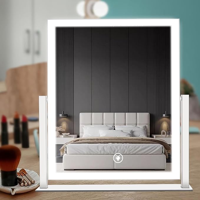 Makeup Mirror with Lights 12" White,Smart Touch Control,3-Color Dimmable LED Vanity Mirror with Lighted Cosmetic Mirror for Dressing Room & Bedroom Desktop,360° Rotation,Adjustable Brightness