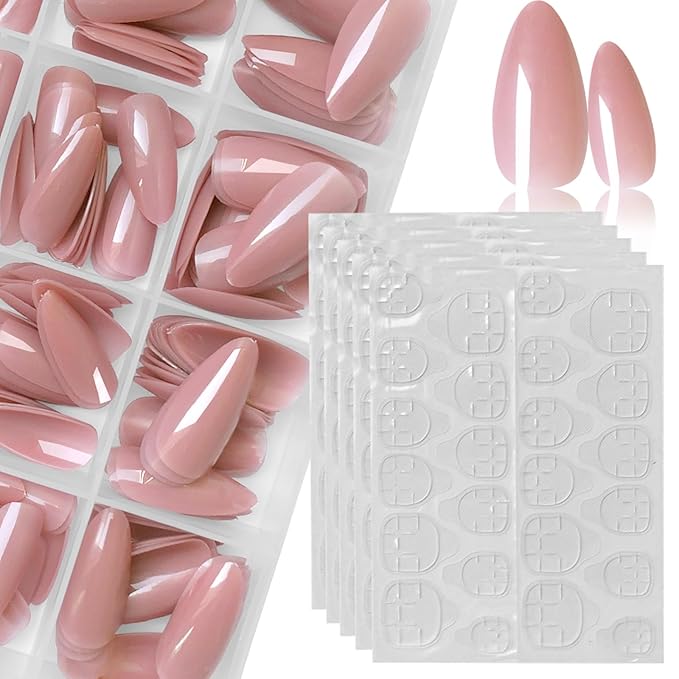 LoveOurHome 240pc Nude Almond Press on Nails Medium Fake Nails Nude Glue on Nails Short Stiletto Nails Press ons Full Cover Artificial Nail Tips Women Girls False Fingernail with Glue Adhesive Tabs