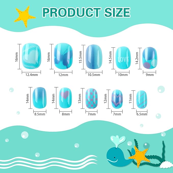 JANYUN 96 Pcs Kids False Nails - Press On, Full Cover, Short Nails in Blue Theme for Little Girls' Nail Art Decoration
