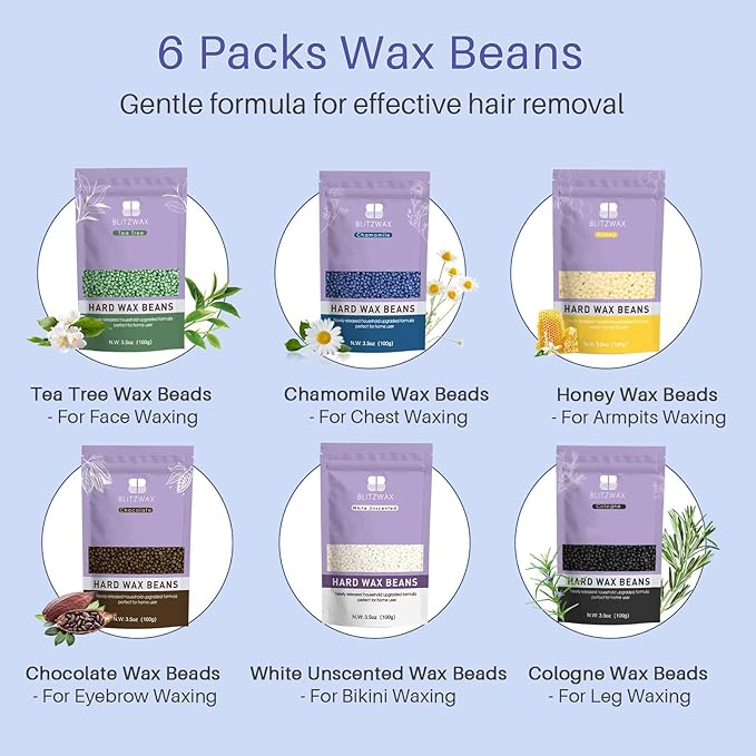 BLITZWAX Brazilian and Bikini Waxing Kit for Men, Hard Wax Warmer for Face, Legs, and Body, At Home Hair Removal Kit, Beginner Friendly, Quick Heating, 30 Nose Wax Sticks-VivaGrace Women