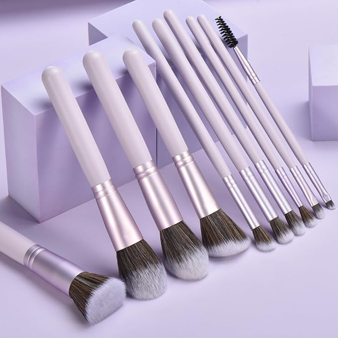 10 Piece Purple Makeup Brushes Set and 3 Piece Makeup Sponge - Wooden Handle with Soft Synthetic Bristles, for Face & Eye Makeup | Professional Cosmetic Brushes | Includes Travel Pouch-VivaGrace Women