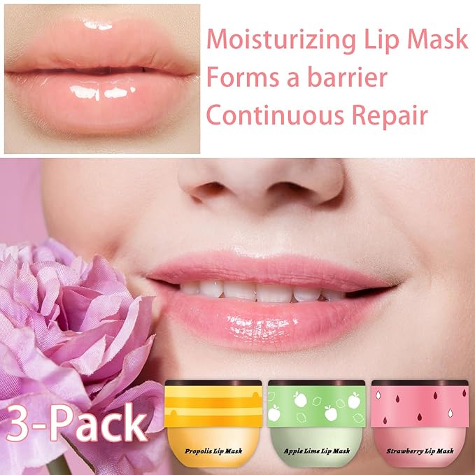 3 PCS Bee Lip Balm Honey Pot, Honey & Strawberry & Apple Lime Lip Mask Overnight Propolis Moisturizing Lip Balm Hydrating Prevention Dry and Crack Lip Scrubs Exfoliator Lip Wrinkle Care (Set A)-VivaGrace Women