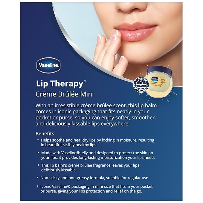 Vaseline Lip Therapy Creme Brulee Mini, White Petrolatum, Advanced Moisturizer, Relieves Dull and Dry Skin, Mini Vaseline Petroleum Jelly, Soft & Smooth Vaseline Lips (Pack of 6-0.25 Oz Ea) -VivaGrace Women