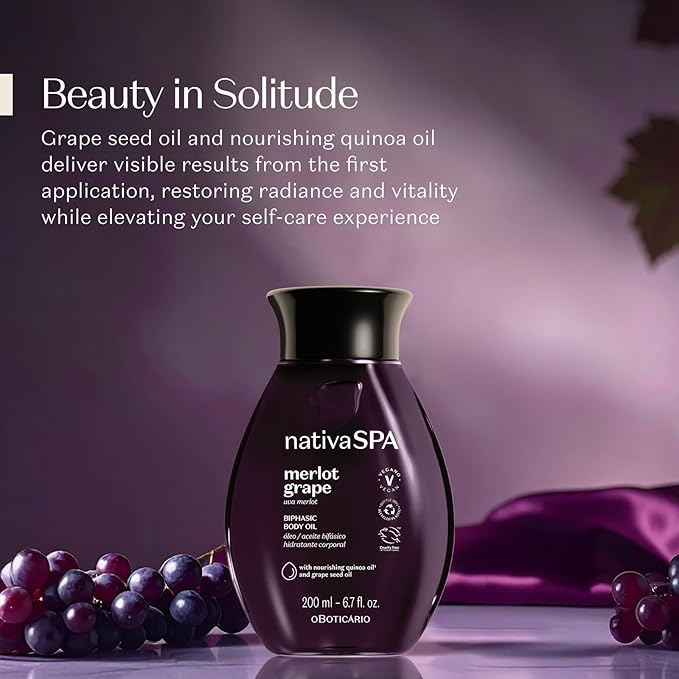 Nativa SPA by O Boticário Merlot Grape Biphase Body Oil, with Quinoa & Grapeseed Oils, Silky Glow with Hydration, 6.7 Ounce (200ml)-VivaGrace Women