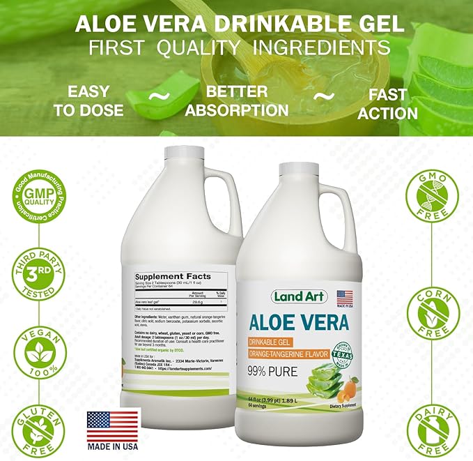 Pure Aloe Vera Drinkable Gel - Orange Tangerine Flavored - Cold-Processed Inner Filet - from Organic Fresh Leaves from Texas - for Heartburn Relief - Acid Reflux - 64 fl oz-VivaGrace Women