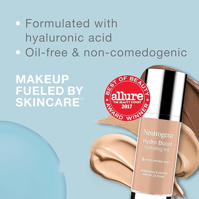 Neutrogena Hydro Boost Hydrating Tint Foundation Makeup for Dry Skin, with Hyaluronic Acid, Lightweight Oil-Free Water Gel, Non-Comedogenic, 50 Soft Beige, 1.0 fl. oz-VivaGrace Women