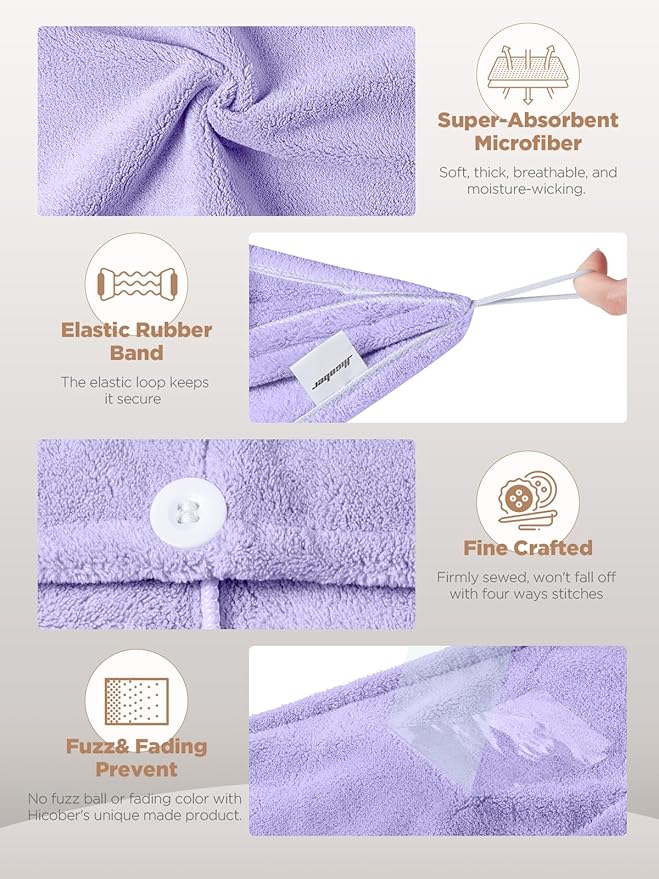 Hicober Microfiber Hair Towel, 2Packs Hair Turbans for Wet Hair, Drying Hair Wrap Towels for Curly Hair Women Anti Frizz (Purple,Grey)-VivaGrace Women