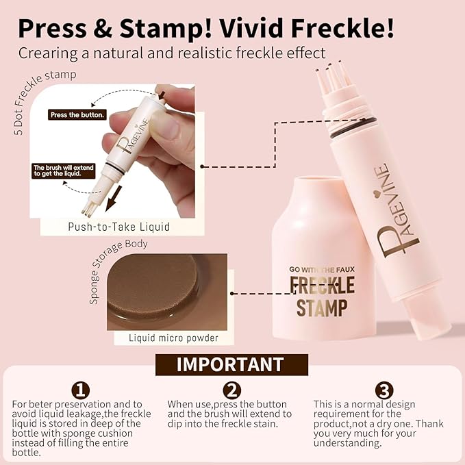 Freckle Stamp - Freckle Pen Waterproof, Long Lasting Fake Freckles,Quick Dry 5-Point Faux Freckles Stamp Cushion Stain Marker in One Press Natural and Lifelike Sunkissed Pencil Tool Makeup (#2-Medium)-VivaGrace Women
