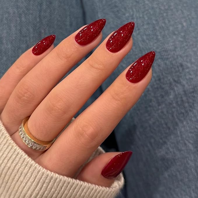 KQueenest Glitter Red Press on Nails Almond Medium, Cute Shinny Fake Nails Medium Stiletto, Bling Acrylic Nails False Nails Press on, Glue on Nails For Women Party Holiday Wear in 24 Pcs