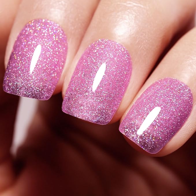 Imtiti Iridescent Glitter Translucent Orchid Pink Gel Polish, UV LED Soak Off Clear Sparkle Pink Gel Nail Polish, Shimmer Glitter Pink Gel Polish 1Pcs