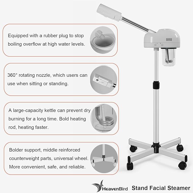 Stand Professional Ozone Facial Steamer with Touch Control, Adjustable Height & Rolling Base, 360° Rotatable Nozzle, Hot Mist Function, Use for Home, Salon SPA (White)-VivaGrace Women