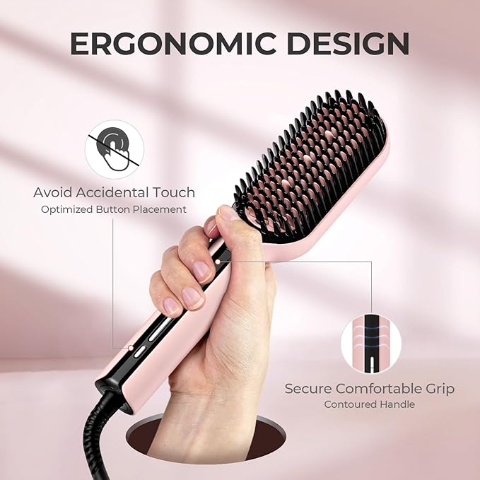 TYMO Hair Straightener Brush - Upgraded Ionic Plus Straightening Brush with Dense Bristles, 16 Temps, Dual Voltage | Ceramic Hot Comb for Women | Flat Iron for Thick Curly Hair, Pink-VivaGrace Women