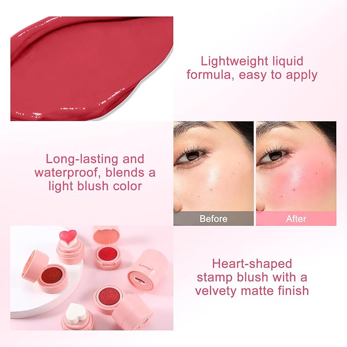 Boobeen Liquid Blush for Cheeks, Buildable & Blendable Face Blusher, Cheek Stamp Blush with Heart-shaped Applicator, Lightweight Air Cushion Blush for Velvet Matte Finish-VivaGrace Women
