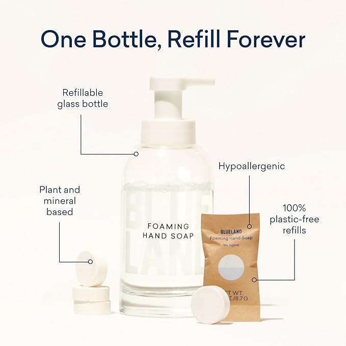 BLUELAND Hand Soap Duo, 2 Refillable Glass Foaming Hand Soap Dispensers with 8 Refill Tablets, Variety Scents, 8 x 9 Fl oz