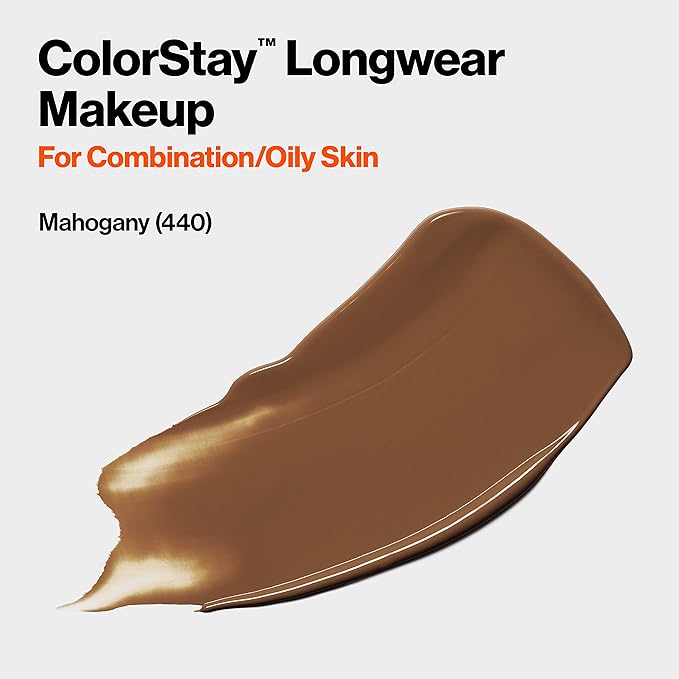 Revlon Liquid Foundation, ColorStay Face Makeup for Combination & Oily Skin, SPF 15, Medium-Full Coverage with Matte Finish, Mahogany (440), 1.0 oz-VivaGrace Women