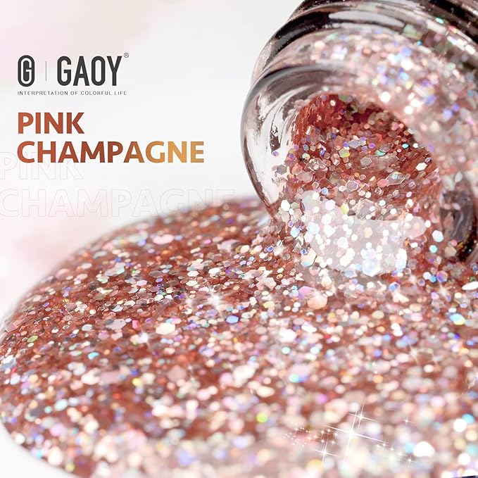 GAOY Glitter Gel Nail Polish, 16ml Pink Champagne Sparkly Gel Polish, Diamond Shiny Glitter Soak Off UV Gel for Nail Art, 1124 Pink Champagne