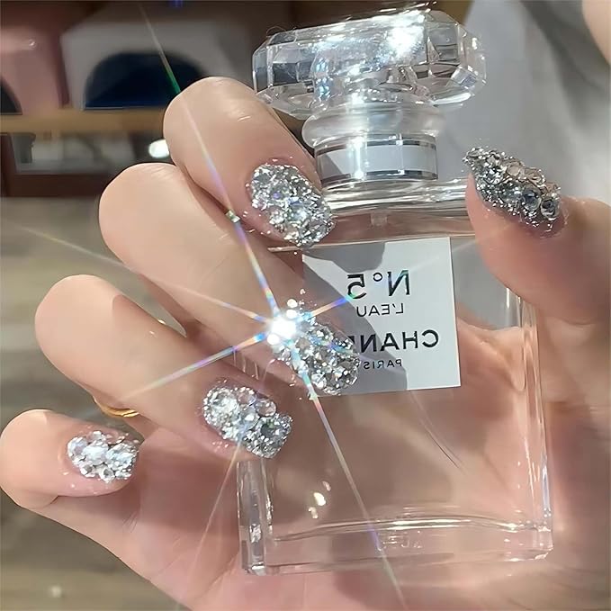 Extra Short Press on Nails Silver Fake Nails with Glitter and Rhinestones Designs Square Shape Full Cover Nails for Girls (Silver)