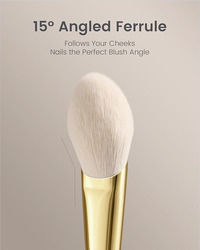 Desert Oak Series CM 160 Angled Blush Brush for Cheeks – Ideal for Powder & Cream Blush, Golden Brass Ferrule, Ebana Bubinga Handle, Soft Nylon Bristles-VivaGrace Women