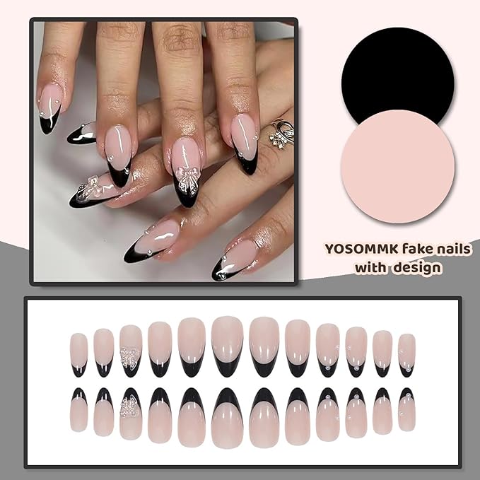 Almond Press on Nails Medium French Tip Fake Nails with Bow Designs Glossy Black Stick on Nails Cute Pearl Glue on Acrylic Nails for Women and Girls