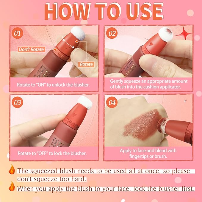 Liquid Blush Makeup Wand, Cream Liquid Blush with Cushion Applicator For Cheeks Tint, Natural-looking, Glow Dewy Finish, Weightless Blendable Liquid Blush Stick | #102 ENERGETIC-Coral Orange-VivaGrace Women
