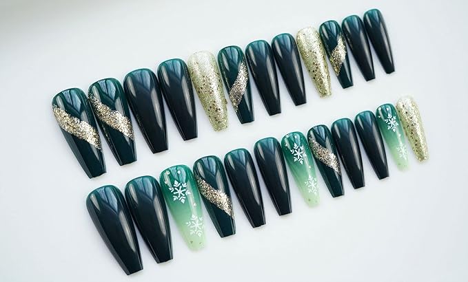 Long Press on Nails Coffin Green and Gold Fake Nails Christmas Press on Nails with Design Nails (Green & Gold)