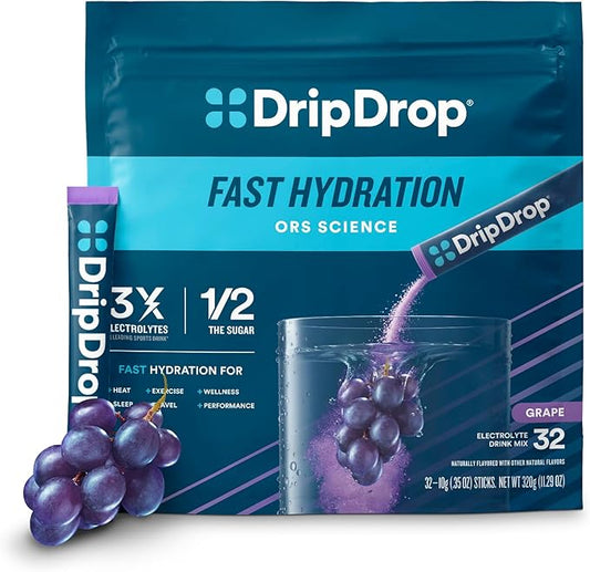 DripDrop Hydration Packets - Grape - Single Serve Electrolytes Powder Drink Mix - Non-GMO, Gluten Free, Vegan - 32 Sticks-VivaGrace Women