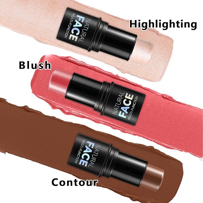 3Pcs Cream Contour Stick Makeup Kit, Shades with Highlighter Stick, Blush Stick and Bronzer Contour Stick for Sculpt the Cheeks, Long Lasting, Waterproof, Matte & Dewy Finish (LIGHT MEDIUM)-VivaGrace Women