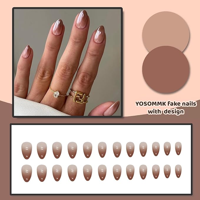 Medium Press on Nails Almond Fake Nails with Ombre Designs Gradient Brown Full Cover False nails Glossy Glue on Artificial Nails for Women