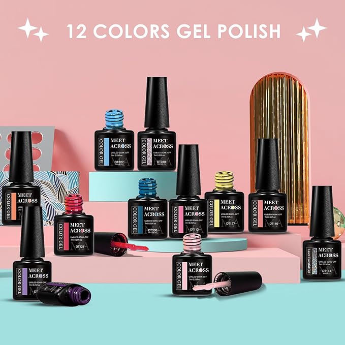 MEET ACROSS 12pcs Gel Nail Polish Set,Soak Off UV LED Lamp Gel Nail Polish Kit,Fashion Shimmer Nail Art Design Gifts for Women Manicure Salon (multi-colored)