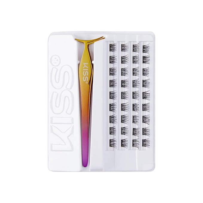 KISS imPRESS Falsies Press On Self Adhesive Eyelashes, 12mm-14mm Natural Volume Press On Lashes, Black, No Glue Needed, Invisible Band, 20 Lash Clusters & Non-Stick Applicator - Natural-VivaGrace Women