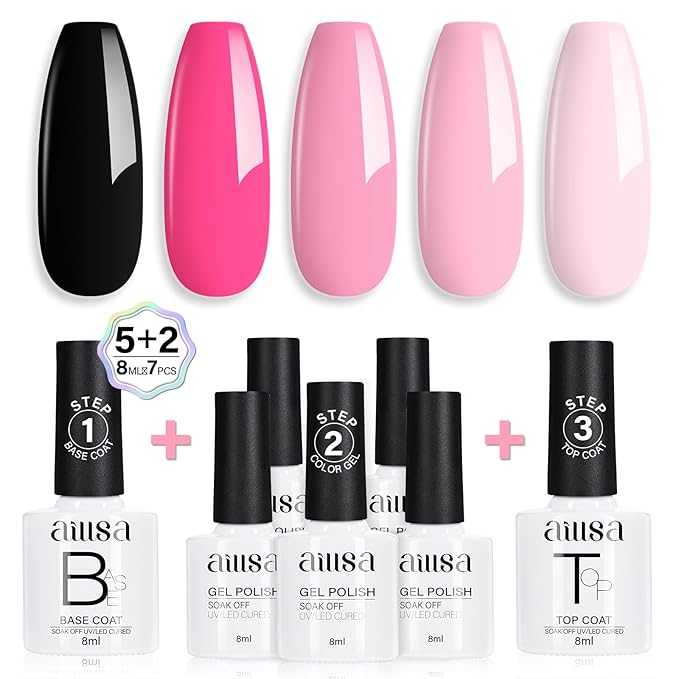AILLSA Pink Gel Nail Polish Set Black Hot Pink Gel Polish with Base and Top Coat, Long Lasting Summer All Season Color Soak Off U V L ED Manicure Art Salon DIY at Home 7Pcs 8ML