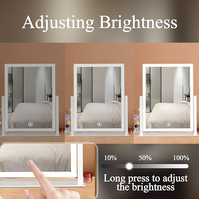 Makeup Mirror with Lights 12" White,Smart Touch Control,3-Color Dimmable LED Vanity Mirror with Lighted Cosmetic Mirror for Dressing Room & Bedroom Desktop,360° Rotation,Adjustable Brightness