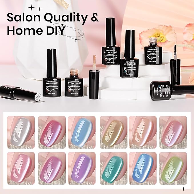 Cat Eye Gel Nail Polish - 12 Colors Silk Cateye Nail Polish Gel with Magnetic Stick Ceramic Moonlight Magnetic Gel Polish High Glossy Shine Effect Nail Art Manicure Home DIY for Women Girl