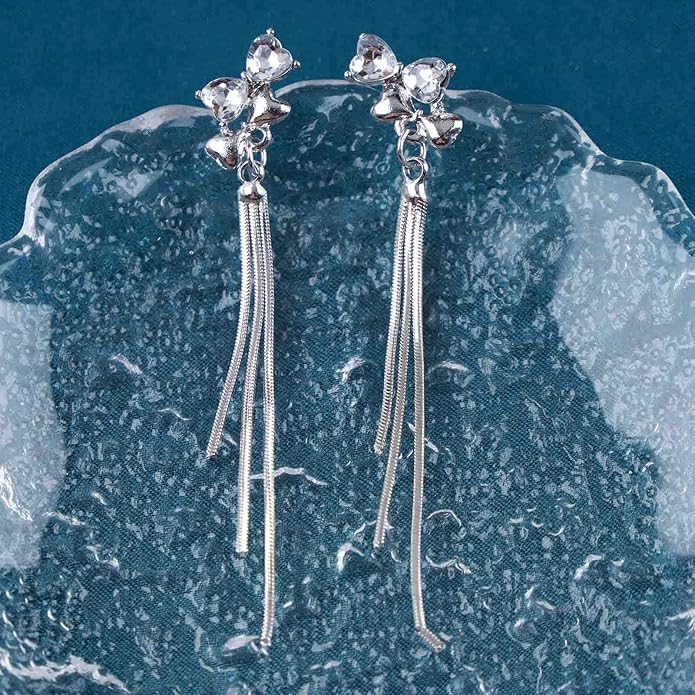 Vintage Crystal Bow Chain Drop Earrings Rhinestone Heart Stud Earrings Silver Long Chain Tassel Earrings Sparkly Cz Bridal Earrings Jewelry for Women-VivaGrace Women
