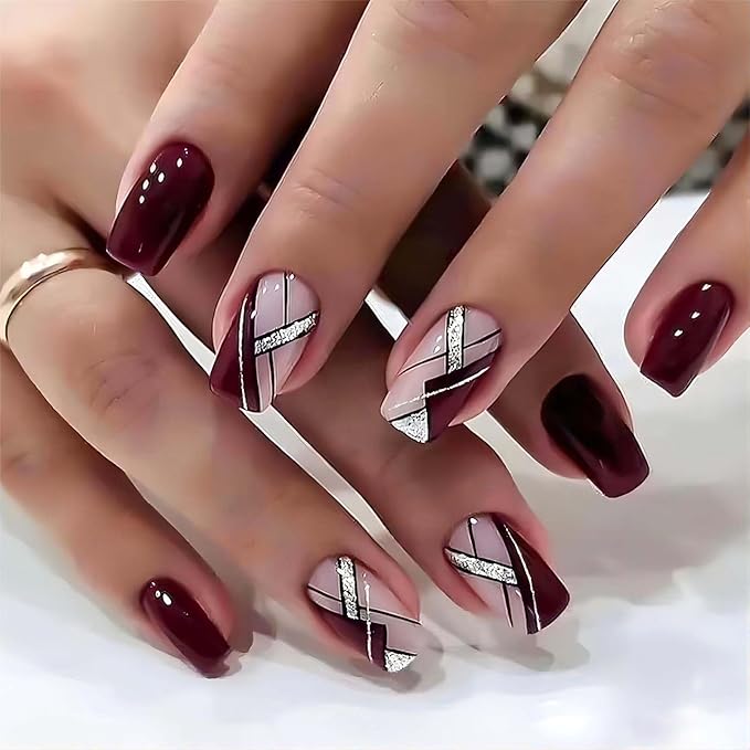 Acrylic Press on Nails Medium Square Fake Nails with Glue Wine Red Fake Nails with Designs Glitter Lines Nail Press ons Glossy Artificial Nails Holiday Nails Stick on Nails for Women 24Pcs