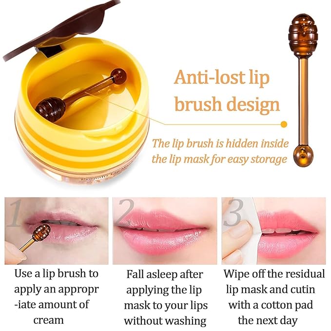 2 PCS Bee Lip Balm Honey Pot, Watermelon & Strawberry Sleeping Lip Mask Overnight, Hydrating Prevention Dry and Cracked Lip Scrub, Reduces Lip Lines, Brightening Lip Color-VivaGrace Women