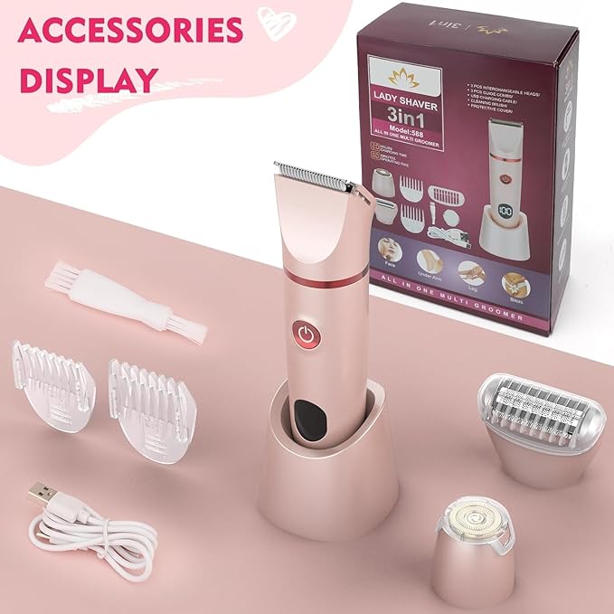 Bikini Trimmer for Women, 3 in 1 Electric Razors for Women, Rechargeable Electric Bikini Shaver, Waterproof Pubic Hair Trimmer and Facial Hair Remover with LED Display-VivaGrace Women