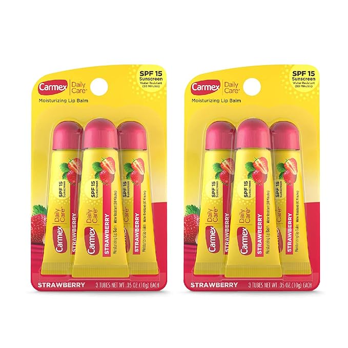 Carmex Daily Care Moisturizing Lip Balm with SPF 15, Strawberry Lip Balm Tubes, 0.35 OZ Each - 3 Count (Pack of 2)-VivaGrace Women