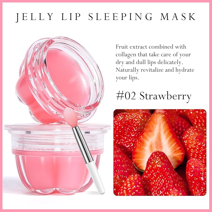 2Pc Jelly Lip Mask Overnight,Fruity Strawberry Lip Sleeping Mask Day Night Repair Kawaii Lip Balm Hydrate Plump Dry Lip Scrubs Exfoliator,Lip Care Lip Moisturizer with Collagen-Strawberry-VivaGrace Women