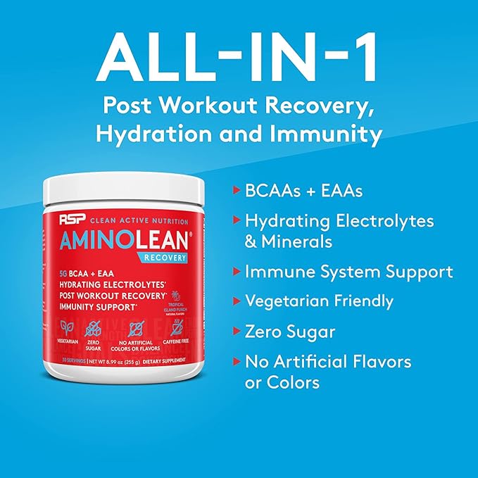 AminoLean Hydrating Electrolyte Powder and Recovery Drink with Sea Minerals, Nootropic Mushrooms, and Vegan Amino Acids, BCAAs + EAAs for Post Workout Muscle Building, Tropical Punch-VivaGrace Women