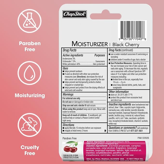 ChapStick Moisturizer 2-in-1 Lipcare SPF 15 Black Cherry 3-Pack + Classic Cherry Lip Balm 2-Pack, 0.15 Oz Ea (5 Piece Set)-VivaGrace Women