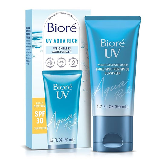 Biore UV Aqua Rich SPF 30 PA+++ Daily Moisturizer Sunscreen for Face, For Sensitive Skin, Oil Free, Hyaluronic Acid, Vegan, Oxybenzone & Octinoxate Free, Dermatologist Tested, 1.7 Oz-VivaGrace Women