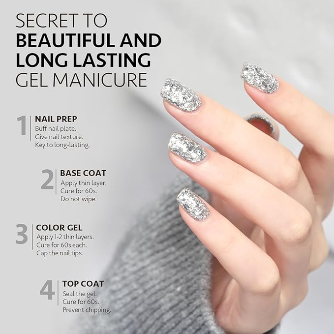GAOY Glitter Gel Nail Polish, 16ml Silver Sparkly Gel Polish, Diamond Shiny Glitter UV Gel for Nail Art, Soak Off Nail Polish Home DIY Manicure, 1348